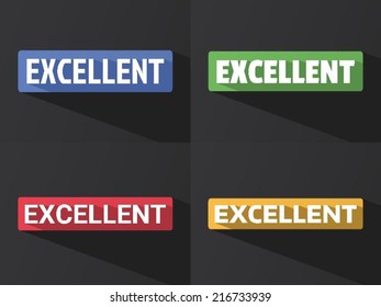 Flat word "EXCELLENT" with long shadow in different colors and fonts. Vector illustration
