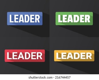 Flat word "LEADER" with long shadow in different colors and fonts. Vector illustration