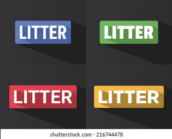 Flat word "LITTER" with long shadow in different colors and fonts. Vector illustration