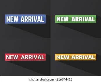 Flat word "NEW ARRIVAL" with long shadow in different colors and fonts. Vector illustration