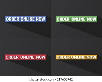 Flat word "ORDER ONLINE NOW" with long shadow in different colors and fonts. Vector illustration