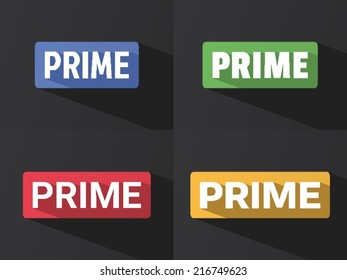 Flat word "PRIME" with long shadow in different colors and fonts. Vector illustration
