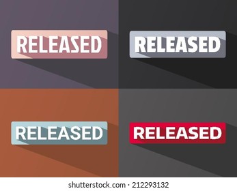 Flat word "RELEASED" with long shadow in different colors and fonts. Vector illustration
