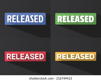Flat word "RELEASED" with long shadow in different colors and fonts. Vector illustration