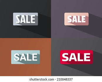 Flat word "SALE" with long shadow in different colors and fonts. Vector illustration.