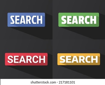 Flat word "SEARCH" with long shadow in different colors and fonts. Vector illustration