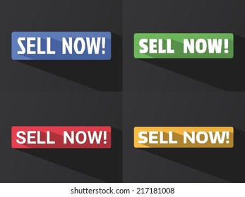 Flat word "SELL NOW!" with long shadow in different colors and fonts. Vector illustration