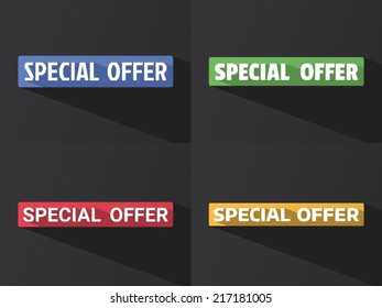 Flat word "SPECIAL OFFER" with long shadow in different colors and fonts. Vector illustration