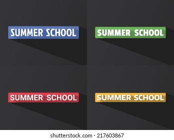 Flat word "SUMMER SCHOOL" with long shadow in different colors and fonts. Vector illustration