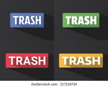 Flat word "TRASH" with long shadow in different colors and fonts. Vector illustration