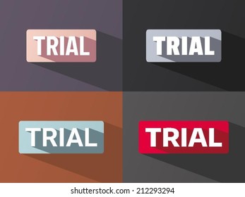 Flat word "TRIAL" with long shadow in different colors and fonts. Vector illustration