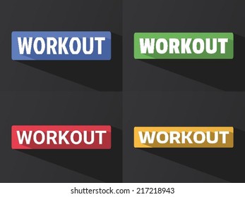 Flat word "WORKOUT" with long shadow in different colors and fonts. Vector illustration