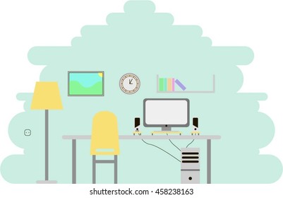 Flat work place with chair, computer, clock and picture background