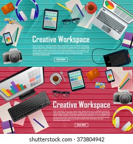 Flat work space banners for web sites, printed materials, infographics. Vector.