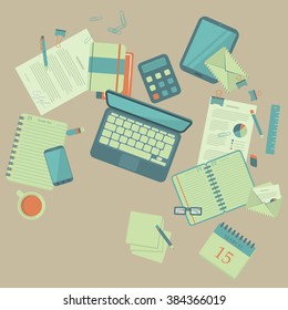 Flat work table with different items. eps10