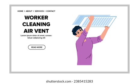 vector de ventilación de aire de limpieza de trabajadores planos. hvac home, filtro limpio, mantenimiento del sistema trabajador plano limpieza ventilación aire aire aire aire de ventilación web ilustración de caricatura plana