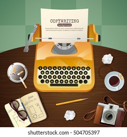Flat workplace for journalist with vintage typewriter camera and notepad vector illustration