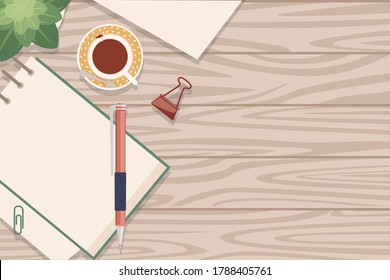 Flat workplace organization top view with wooden texture table notepad cup flower pot pin and pen work desk for office concept flat vector illustration