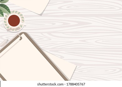 Flat workplace organization top view with wooden texture table notepad cup flower pot and open book work desk for office concept flat vector illustration