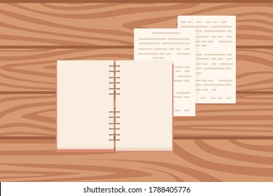 Flat workplace organization top view with wooden texture table notepad and documents work desk for office concept flat vector illustration