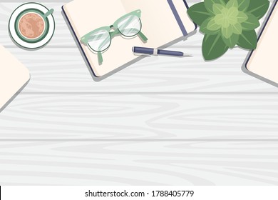 Flat workplace organization top view with wooden texture table notepad cup flower pot eyeglasses and pen work desk for office concept flat vector illustration