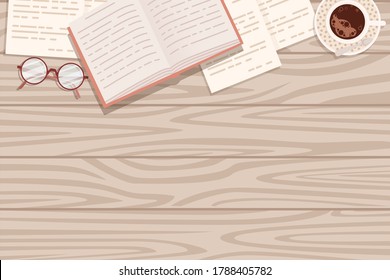 Vista superior de la organización de un lugar de trabajo plano con mesa de textura de madera nasas de cuchara y escritorio de trabajo de libro abierto para el concepto de oficina ilustración vectorial plana