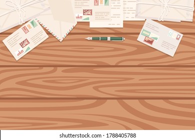 Flat workplace organization top view with wooden texture table postage envelope and pen work desk for office concept flat vector illustration