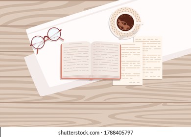 Flat workplace organization top view with wooden texture table notepad cup eyeglasses and open book work desk for office concept flat vector illustration