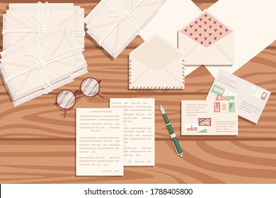 Flat workplace organization top view with wooden texture table notepad cup eyeglasses and pen work desk for office concept flat vector illustration