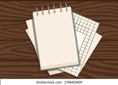 Flat workplace organization top view with wooden texture table notepad and documents work desk for office concept flat vector illustration