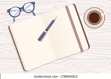 Flat workplace organization top view with wooden texture table notepad cup eyeglasses and pen work desk for office concept flat vector illustration