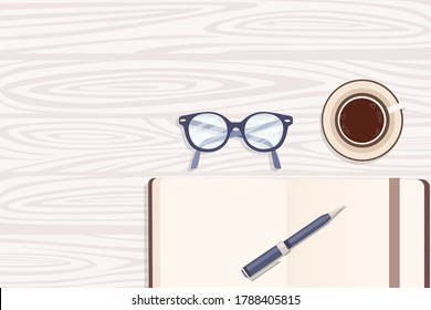 Flat workplace organization top view with wooden texture table notepad cup eyeglasses and pen work desk for office concept flat vector illustration
