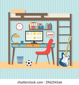 flat workplace in student room with guitar. Vector  illustration