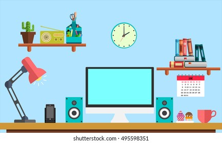 Flat workplace Web banner. Flat design illustration workspace, concepts for business, management, strategy, digital marketing, finance, social network, education, training courses, e-learning
