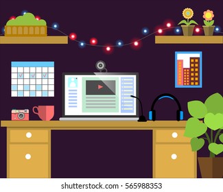 Flat workplace Web banner. Flat design businessman illustration workspace, concepts for business, management, strategy, digital marketing, finance, social network, education, training courses.