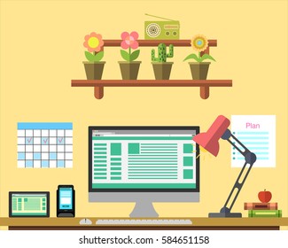 Flat workplace Web banner. Flat design web designer illustration workspace, concepts for business, management, strategy, digital marketing, finance, social network, education, training courses