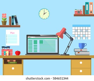 Flat workplace Web banner. Flat design businessvoman illustration workspace, concepts for business, management, strategy, digital marketing, finance, social network, education, training courses. 