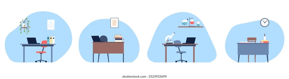 Composiciones de lugares de trabajo planos. Sillas de escritorio carpetas y computadoras portátiles, equipo de ciencia. Diferente lugar de trabajo y educación, conjunto de Vector