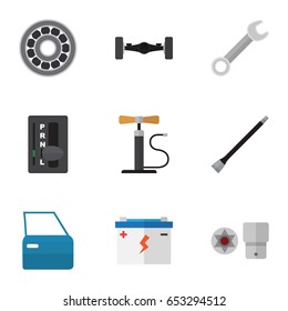 Flat Workshop Set Of Accumulator, Pipeline, Spanner And Other Vector Objects. Also Includes Battery, Automobile, Accumulator Elements.