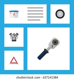 Flat Workshop Set Of Accumulator, Ratchet, Tire And Other Vector Objects. Also Includes Spherical, Wheel, Motor Elements.