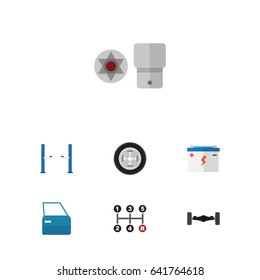 Flat Workshop Set Of Accumulator, Turnscrew, Tire And Other Vector Objects. Also Includes Tire, Lifting, Accumulator Elements.
