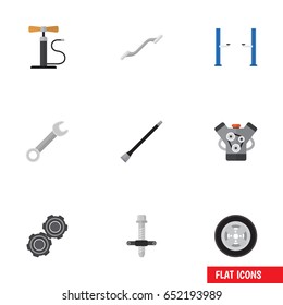 Flat Workshop Set Of Auto Jack, Pipeline, Spanner And Other Vector Objects. Also Includes Silent, Spanner, Car Elements.