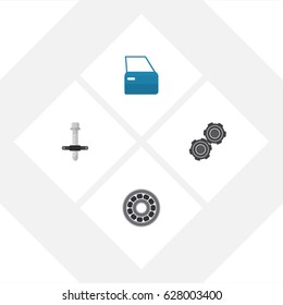 Flat Workshop Set Of Automobile Part, Brake Disk, Muffler And Other Vector Objects. Also Includes Pulley, Ball, Disk Elements.