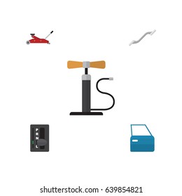 Flat Workshop Set Of Automobile Part, Wheel Pump, Lifting And Other Vector Objects. Also Includes Pump, Pumping, Wheel Elements.