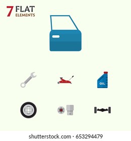 Flat Workshop Set Of Automobile Part, Petrol, Spanner And Other Vector Objects. Also Includes Spanner, Jack, Tire Elements.