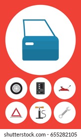 Flat Workshop Set Of Automobile Part, Tire, Lifting And Other Vector Objects. Also Includes Emergency, Jack, Part Elements.