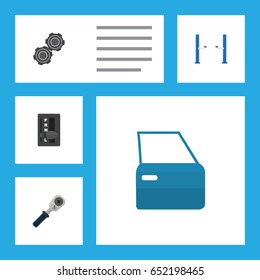 Flat Workshop Set Of Belt, Automobile Part, Auto Jack And Other Vector Objects. Also Includes Ratchet, Spherical, Automatic Elements.