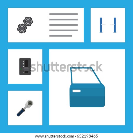 Flat Workshop Set Of Belt, Automobile Part, Auto Jack And Other Vector Objects. Also Includes Ratchet, Spherical, Automatic Elements.
