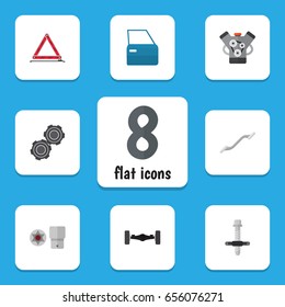 Flat Workshop Set Of Belt, Suspension, Automobile Part And Other Vector Objects. Also Includes Stop, Engine, Axis Elements.