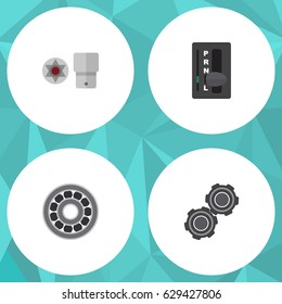 Flat Workshop Set Of Brake Disk, Belt, Turnscrew And Other Vector Objects. Also Includes Belt, Car, Turnscrew Elements.